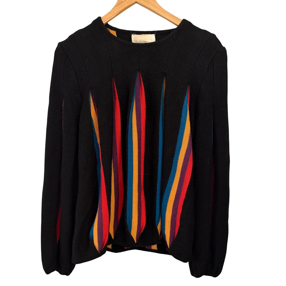 Lilly of California Sweater Womens S Black Rainbow Stripe Vintage Acrylic Knit